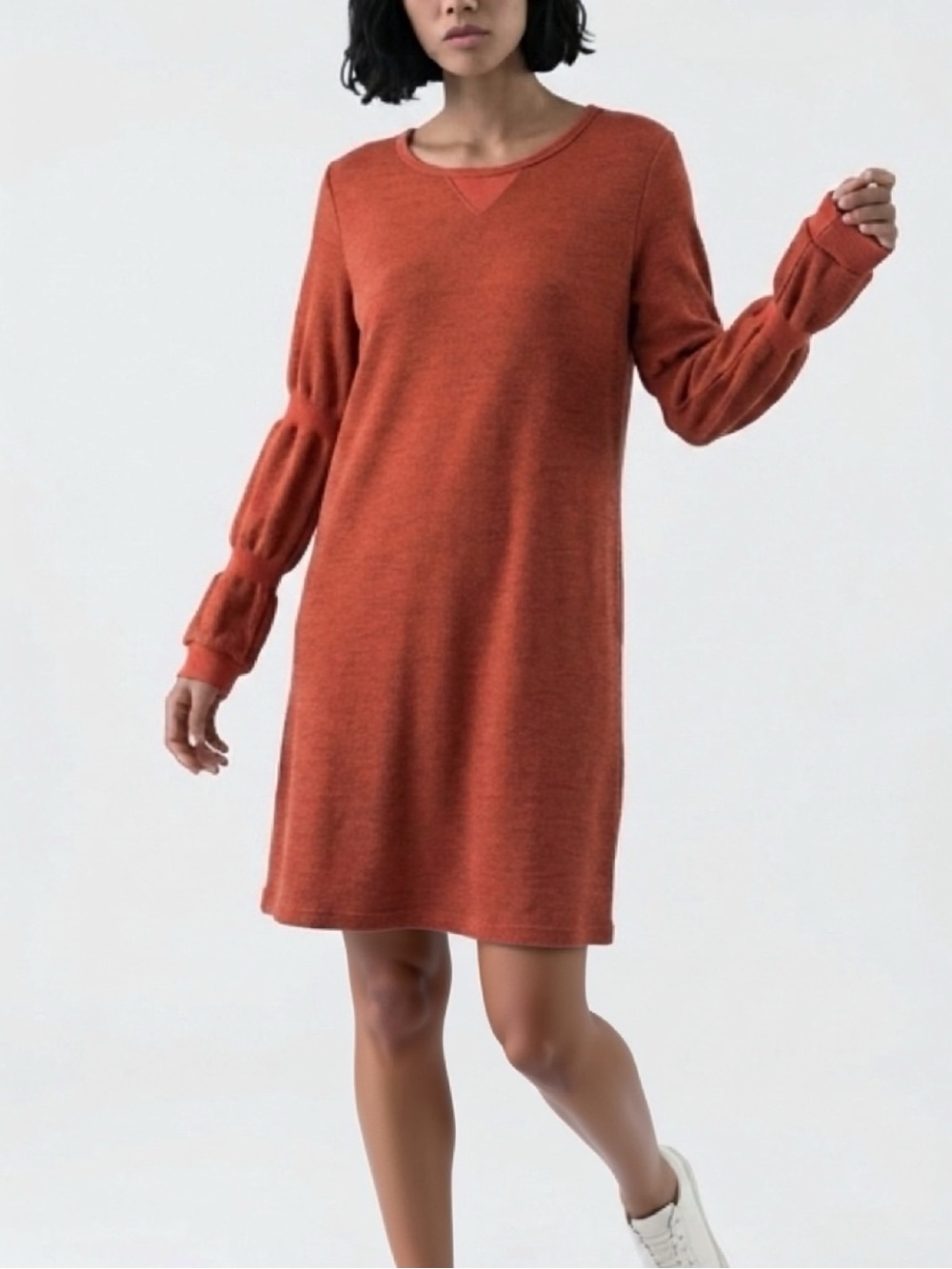 Amadi Knit Puff Ribbed Sleeve Dress Size Medium Orange Coral